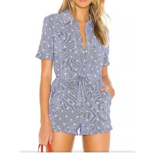 Tularosa Revolve Embroidered Romper chambray eyelet denim button down game day